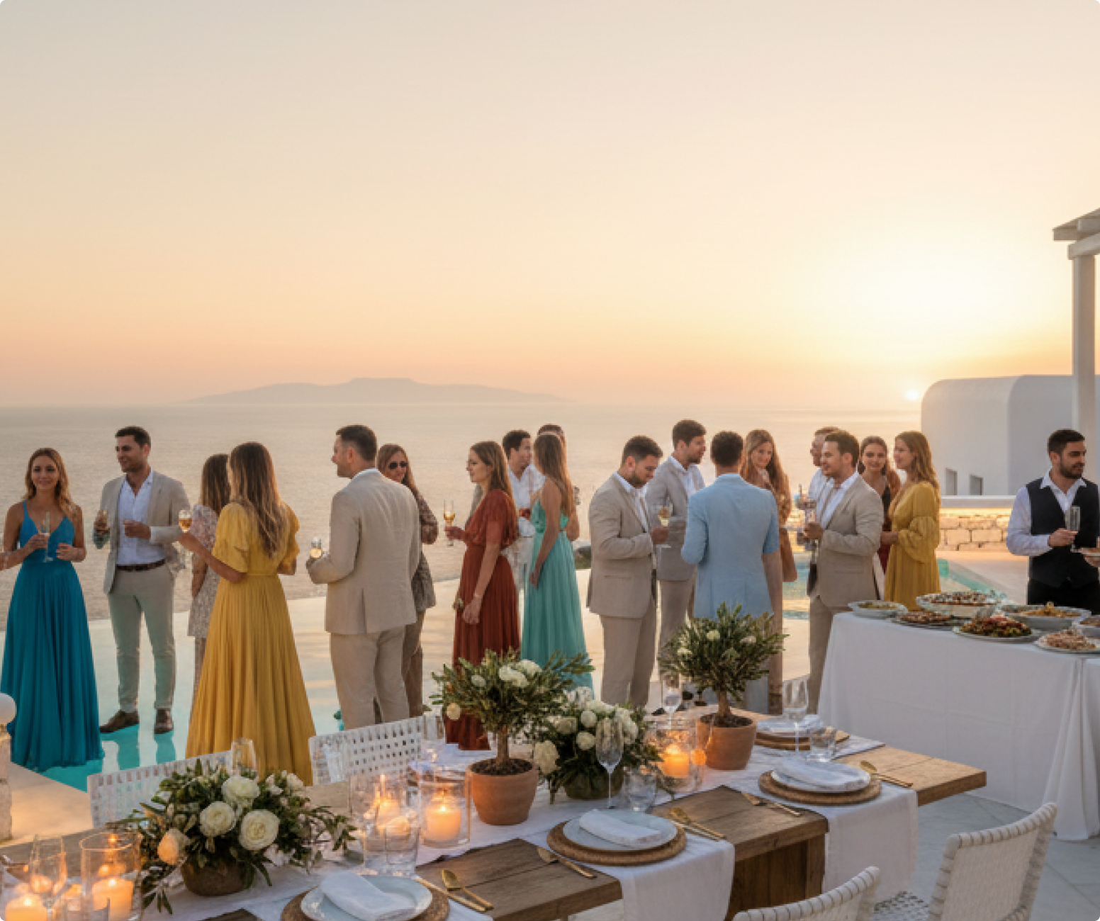 Guests gathered around a long table on the terrace at dusk