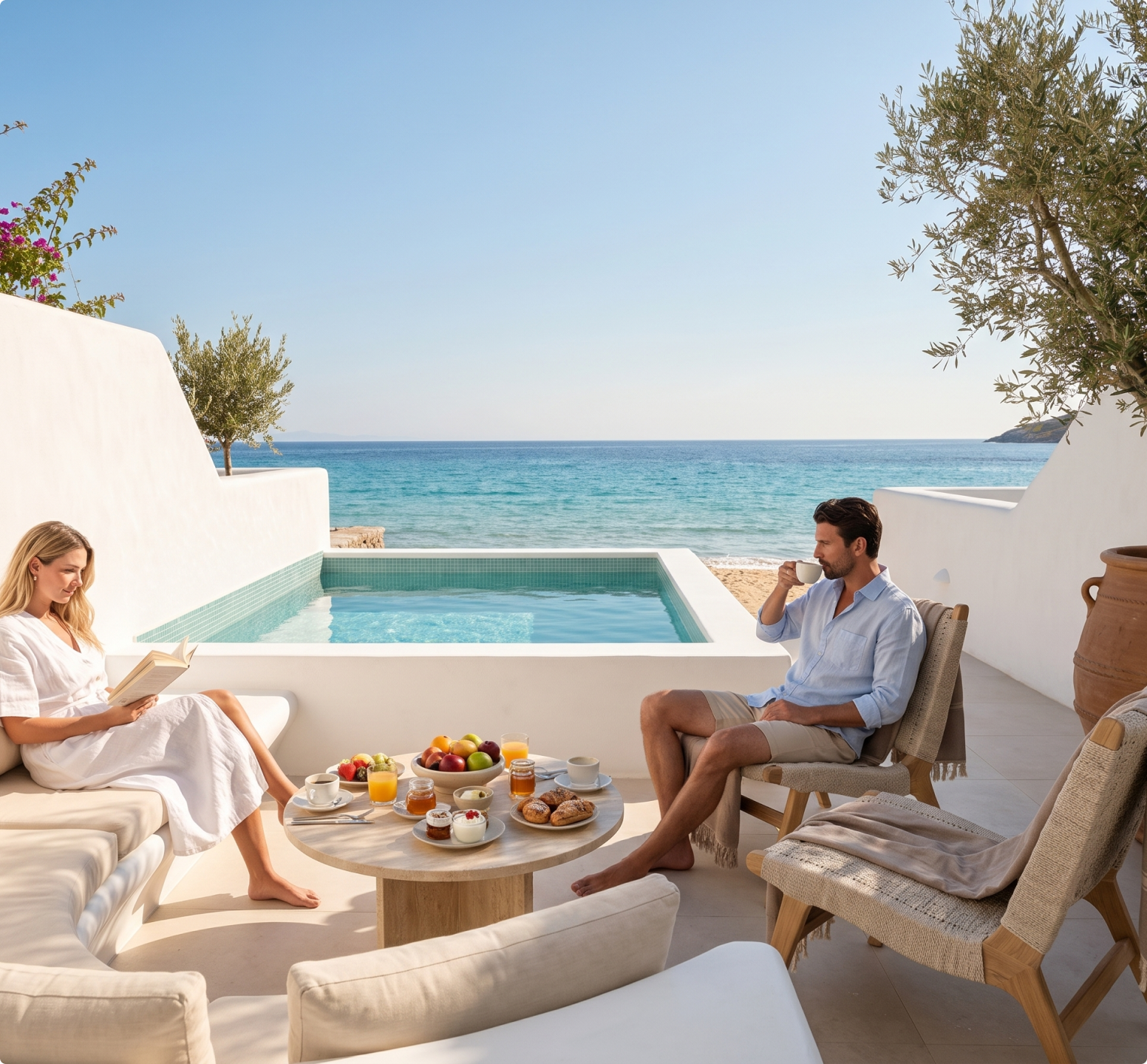 A breakfast table laid out on a sunlit terrace above the sea