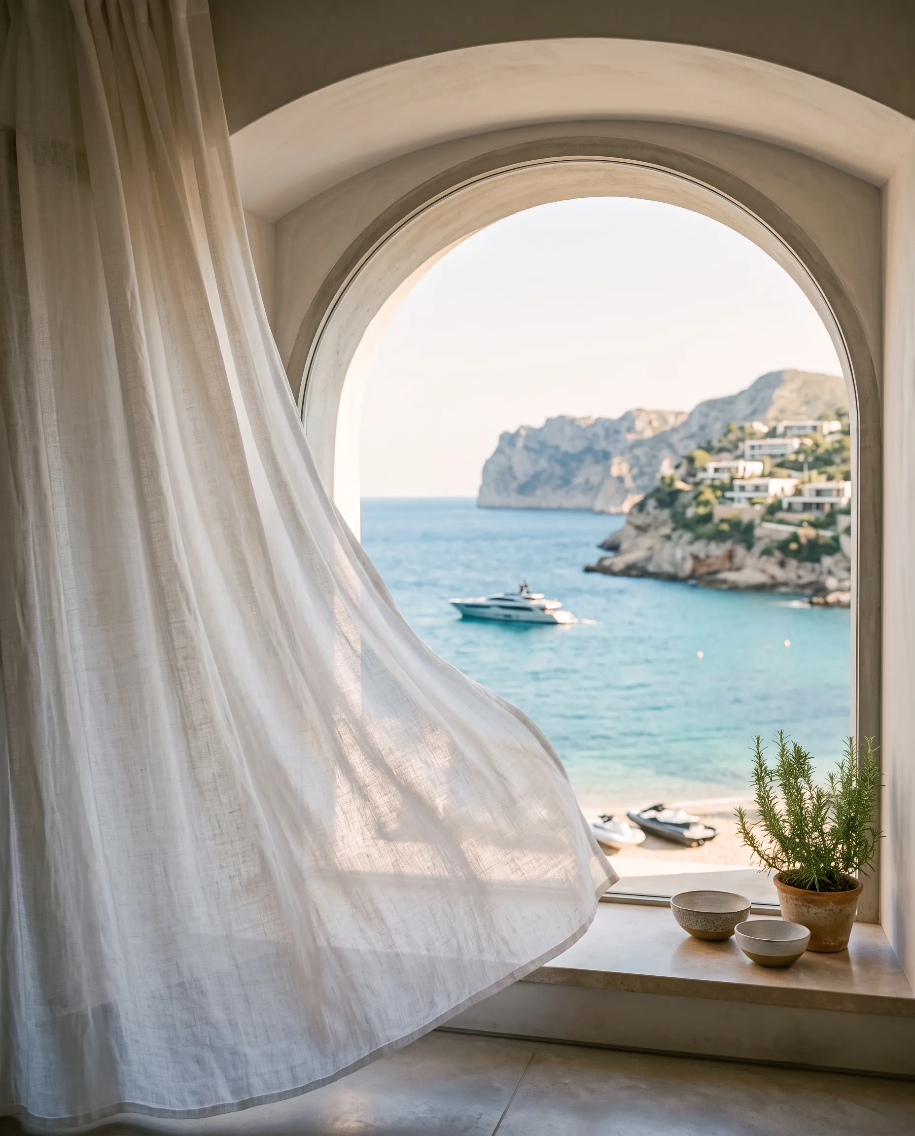 A curtain drawn back from an arched window framing a boat on the cove below